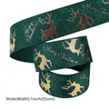 Dark green 1 inch Christmas ribbon with gold reindeer and Merry Christmas text - Dark Green Gold Stamped Reindeer Merry Christmas (Style 14)