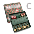6-piece gold stainless steel Christmas spoon and fork set with Santa figures in a gift box - Gold 6PCS Set Green Box Style C