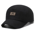 Black canvas five-panel camper hat featuring a brown leather patch with embossed lettering - Adjustable / Black