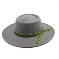 Detailed view of grey wool felt boater hat with dark green velvet ribbon on white background - M (56-58cm) / Light Gray