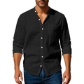 Detailed close-up showing the linen fabric texture and mandarin collar on a black shirt - S / Black