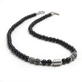 Tiger eye obsidian beaded necklace with polished black beads and stainless steel OT buckle - Grey (Map Stone) / 50cm