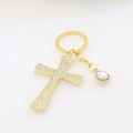 Detail of a golden cross keychain featuring sparkling rhinestones and a teardrop charm - Gold-2 (Clear Rhinestones)