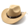 Khaki wool felt western cowboy hat with metal bull head emblem and braided band - M (56-58cm) / Camel