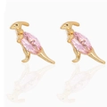 Cute gold-plated dinosaur stud earrings featuring pink marquise-cut zircon stones - No.8 Parasaurolophus - Gold Base Pink Zirconia
