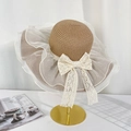 Straw beach sun hat with elegant white organza ruffles and a delicate lace bow - Khaki Lace Bow
