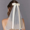 Elegant champagne tulle bridal veil with double layers and a satin ribbon bow hair clip - Ribbon Mesh Style / Champagne