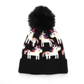 Schwarze Strickmütze mit Kunstfellbommel und buntem Regenbogen-Einhorn-Muster - 50-52CM / Schwarz