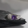 Macro shot of a square purple amethyst ring with micro-pave zircons on a dark stone base - Adjustable Radiant Style (LR306)
