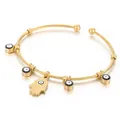 Golden twisted open bangle with Hamsa Hand and Evil Eye charms in 18K gold plated steel - Black (KB169275-MW)