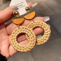 Pendientes de aro de ratán trenzado a mano con detalles de madera naranja y agujas de plata 925 - 3# Aguja de acero - Café