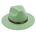 Detail of light green felt fedora with woven brown band, colorful beads and gold feather charm - Green (Gold Feather)