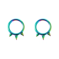 Detail view of rainbow plating on stainless steel nose rings with three spike design - Colorful