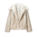 Schicke beige und braun gestreifte Kunstpelzjacke mit großem Revers und Satinfutter - Weiß / S