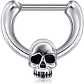Polished silver stainless steel septum nose ring with a detailed skull pendant - Silver Belt Skull Buckle