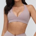 Slim fit V-neck sports bra in dusty pink with cross-back design and wide support band - S / Smoky Purple