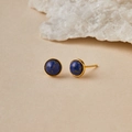Irregular 18K gold earrings featuring round navy blue gemstone inlay for women - Dark Blue