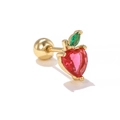Detailed view of apple-shaped screw back earring with red heart zircon and green leaf gem - EGD0007 Apple Shape / Gold