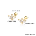 Detailed view of leaf-shaped gold stud earrings with cubic zirconia and size dimensions - Gold Clover Style (KE22318)