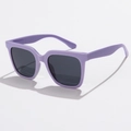 Close-up of stylish purple square oversized frames with dark gray tinted lenses - Purple Grey