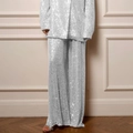 Ensemble tailleur pailleté argenté pour femme avec blazer et pantalon large élégant - Pantalon Blanc Argenté