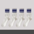 White crew socks with dark blue athletic stripes, four-pair set of cotton sports socks - No.06 Klein Blue Trend Socks