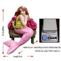 Cute mermaid resin figurine with red hair and pink tail sitting on a wood stool - Mermaid + Rose Chair Set
