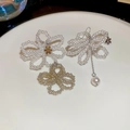 Three-piece set of woven pearl flower stud earrings and cuff with gold flower accents - Asymmetric 3D Crystal Pearl Flower Ear Hook / White