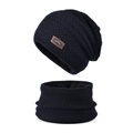 Winter knitted beanie and neck warmer set in dark navy with thick fleece lining - Black