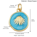Pendentif cœur bleu ciel en laiton doré avec détails des dimensions et spécifications - Pendentif Rond Coquillage Bleu Ciel
