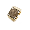 Macro detail of square gold ring with sparkling rhinestone smiley face on white enamel - Adjustable Open / White