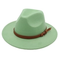 Mint green wool fedora hat with brown leather band and gold buckle on white background - One Size / Green