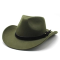 Army green wool felt western cowboy fedora hat with wide brim and leather belt decoration - M (56-58cm) / Army Green