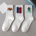 Three-pack white crew athletic cotton socks with vibrant streetwear graphic designs - 3 Pairs (Styles 3, 7, 9)