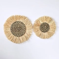 Set of two bohemian woven grass wall decors in natural and black spiral pattern - Black Spiral Tassel Style (26cm)