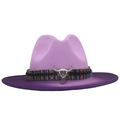 Detail of gradient purple fedora hat with ethnic woven band and silver bull head decor - M (56-58cm) / Light Purple + Dark Purple
