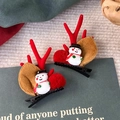Details von Weihnachts-Rentier-Haarspangen mit Schneemann und roten Plüschbommeln - Schwarzer Hut Schneemann Geweih (24222S)