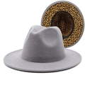 Detailed view of gray fedora hat featuring a striking leopard print lining and wide brim - M (56-58cm) / Gray