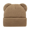Detailed view of brown ribbed knit baby hat featuring cute round 3D bear ears on top - Khaki