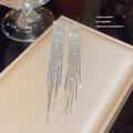 Long tassel dangle earrings with white rhinestones on silver plating for luxury style - E0033 Silver Square Full Rhinestone Tassel