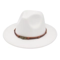 Detailed close-up of white felt fedora featuring a retro skull buckle and brown leather band - White