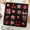 60pcs Red and Gold Christmas Ornament Set with Baubles and Trains in a Gift Box - 60pcs Christmas Ball Box Set / Red
