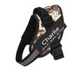 Adjustable desert camouflage dog harness with personalized name patch and reflective trim - Camo White