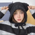 Cappello a maglia nero con orecchie da orso e lunghi lacci caldi per donna e ragazza - Nero
