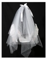 Close-up of white mesh bridal veil featuring a minimalist satin bow on a dark background - Double Layer Flat Edge With Hair Comb (76cm)