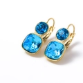 Elegant gold drop earrings with dual blue round and square crystal stones set in steel - Aquamarine