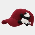 Detail of burgundy baseball cap featuring a plush panda doll and woven side label - Burgundy