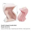 Pink S-shaped wave silicone candle mold with finished candle product and dimensions - Small S-Shaped Wave Mold SX-LZ-01 / Light Pink