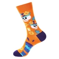 Orange and purple mid-calf socks with Day of the Dead sugar skull and sunflower pattern - 1366-Orange Skull
