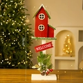 Rood 58cm kersthuisje van hout met 'WELCOME' bordje en led-dennenappels decoratie - Rood Kerstvogelhuisje A (58 cm)